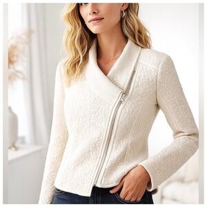 ANTHROPOLOGIE MOTH Textured Knit Moto Jacket Medium Cream Boho Casual Asymmetric